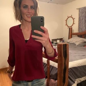 Women’s burgundy chiffon vneck top